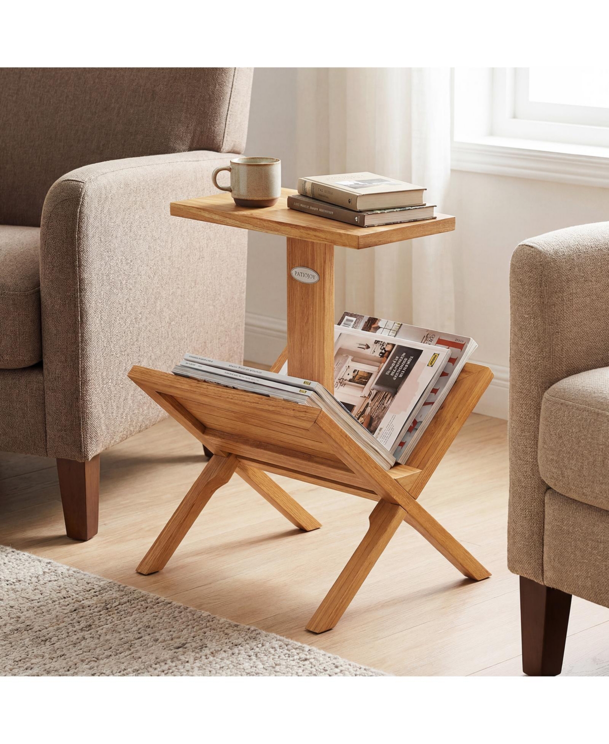 Gymax 2-Tier Bookshelf Small Bookcase with Teak Wood Frame and Anti-Slip Foot Mats