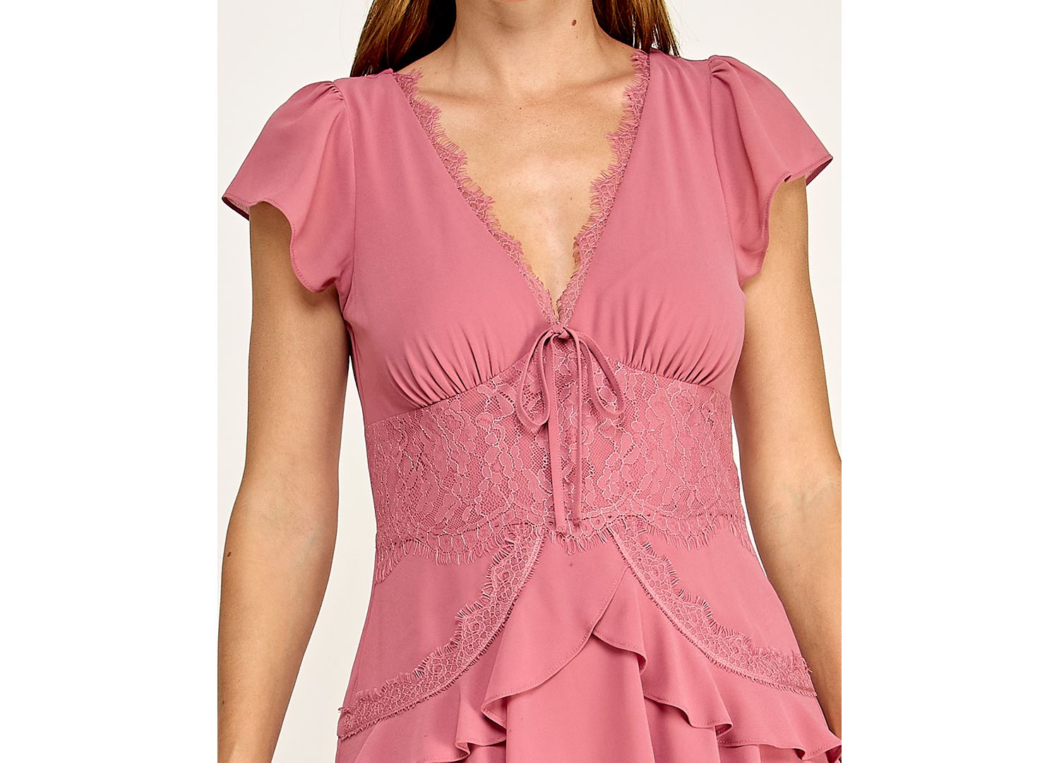 Juniors' Lace Trim Tiered Midi Dress