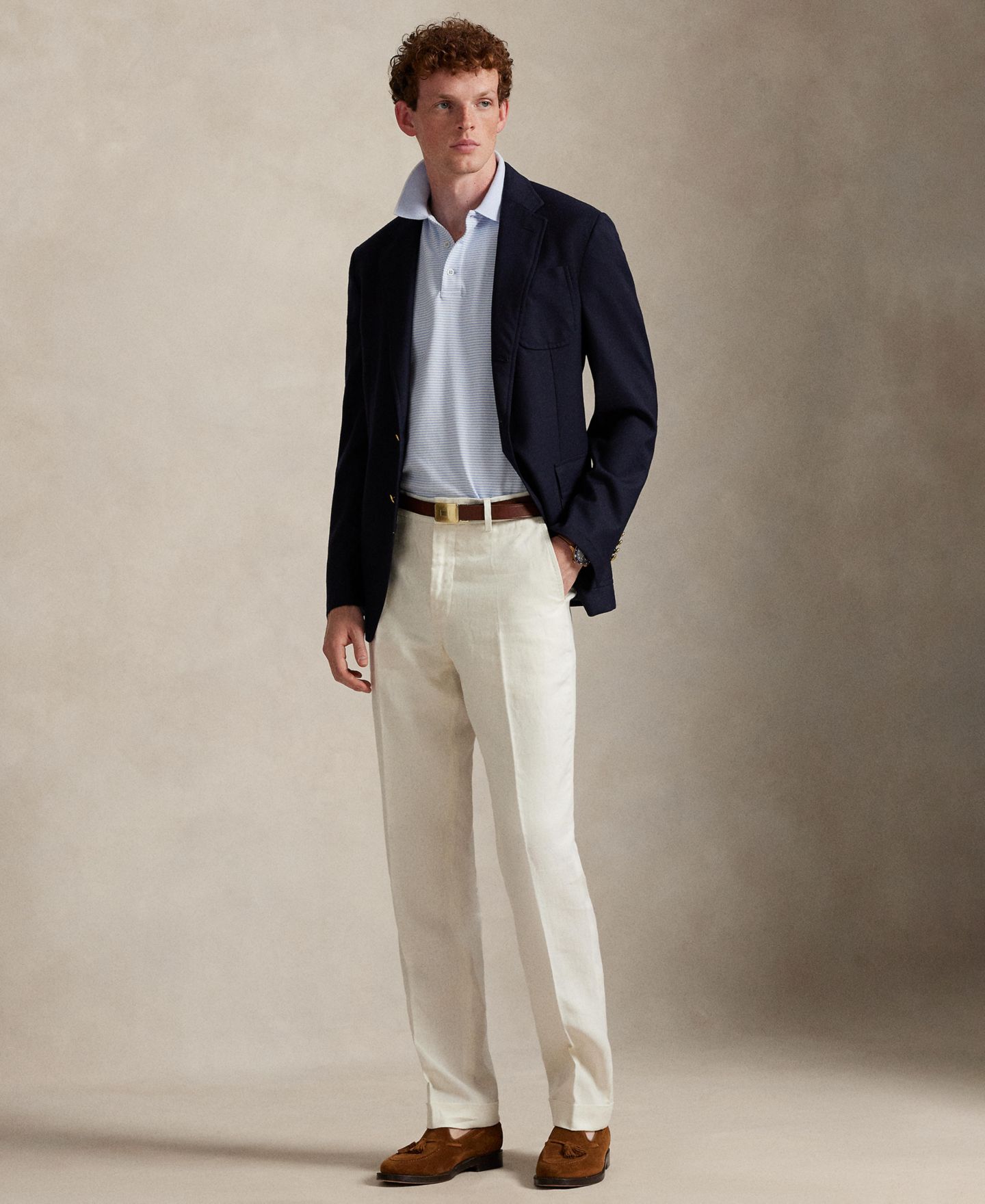Мужское поло Polo Ralph Lauren Classic-Fit Stretch Oxford Mesh Polo Shirt, цвет: Синий / Белый — фото 2