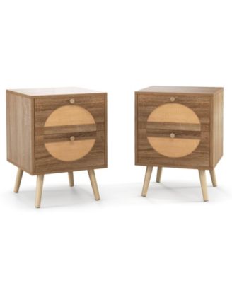 Modern Rattan Bedside Tables Set of 2 with 2 Drawers and Wood Legs