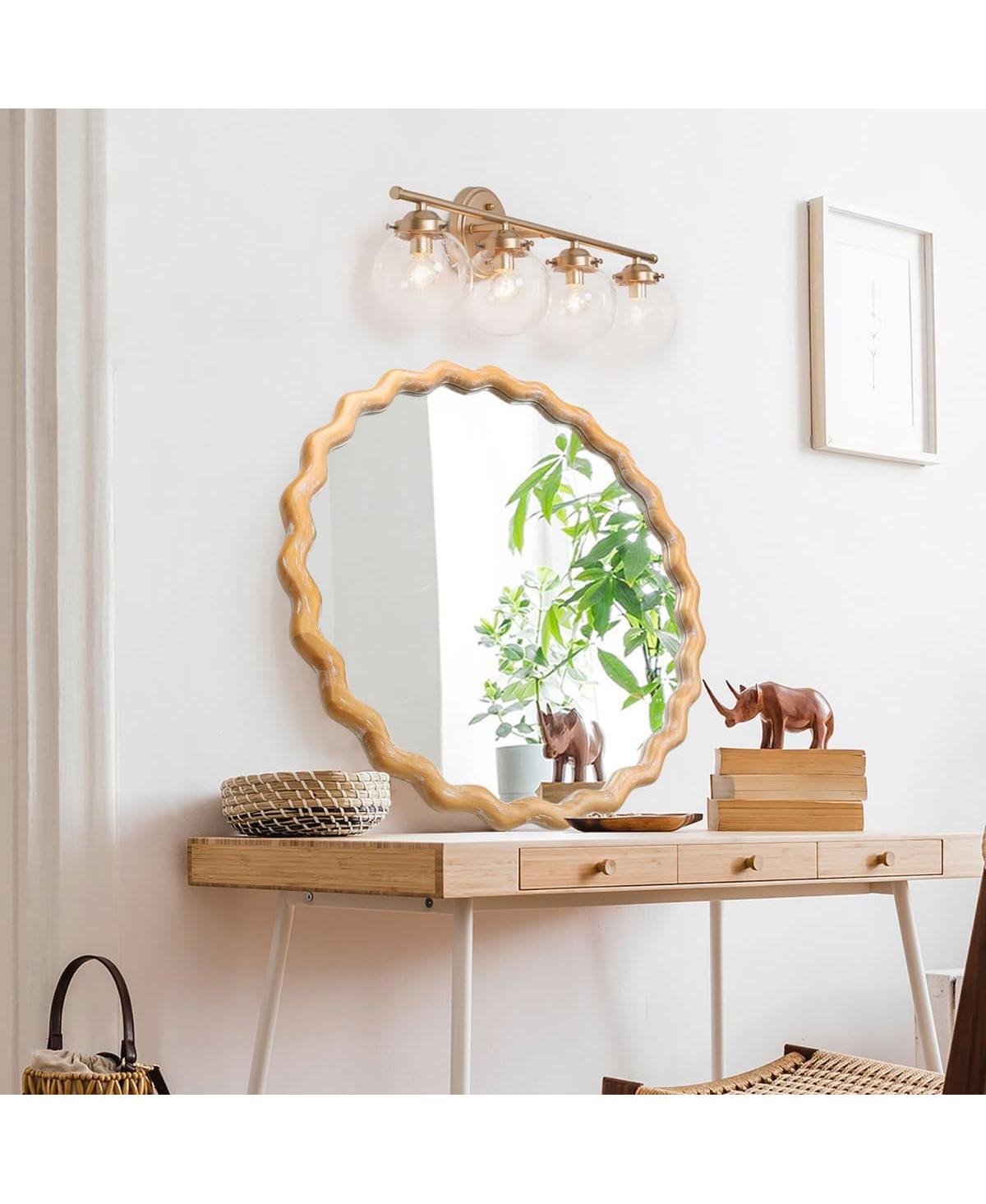 Laoties 28" Round Wavy Wall Mirror, Wood Frame Decorative Mirror for Bathroom and Living Room