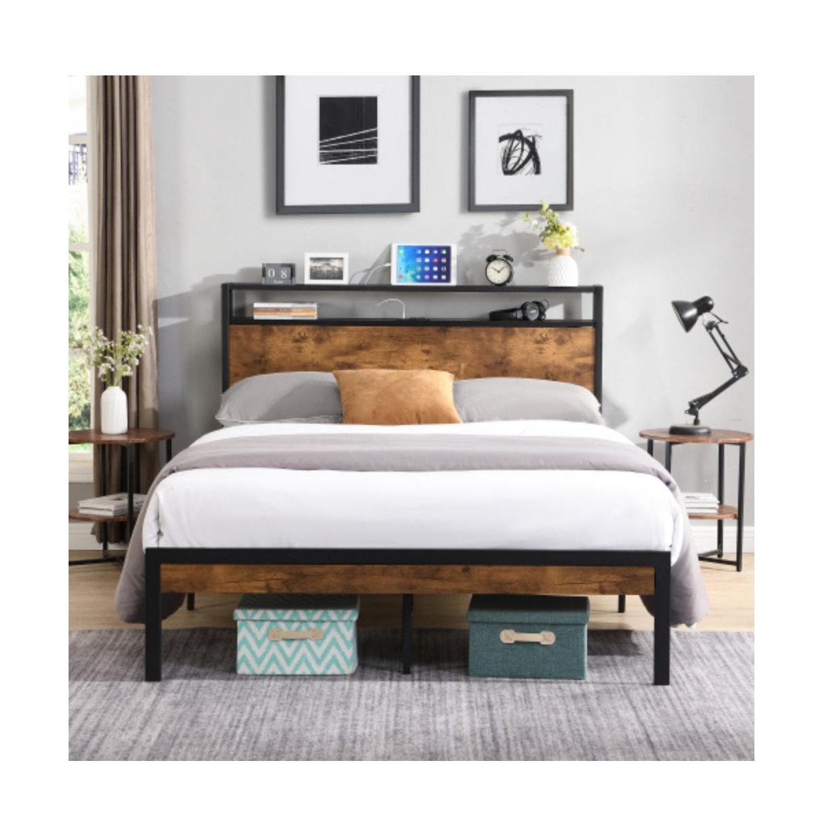 Lucky One King Size Metal Platform Bed Frame with Wooden Headboard and Footboard, Usb Ports, No Box Spring Needed