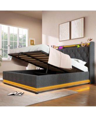 Queen Size Upholstered Hydraulic Storage Bed with 360 Surround LED Lights, USB Type-C Charging, No Box Spring Needed