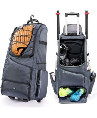 60L Rolling Baseball Bag - Youth Equipment Bag Holds 4 Bats, Shoe Compart and Fence Hook, for Boys and Girls 8+