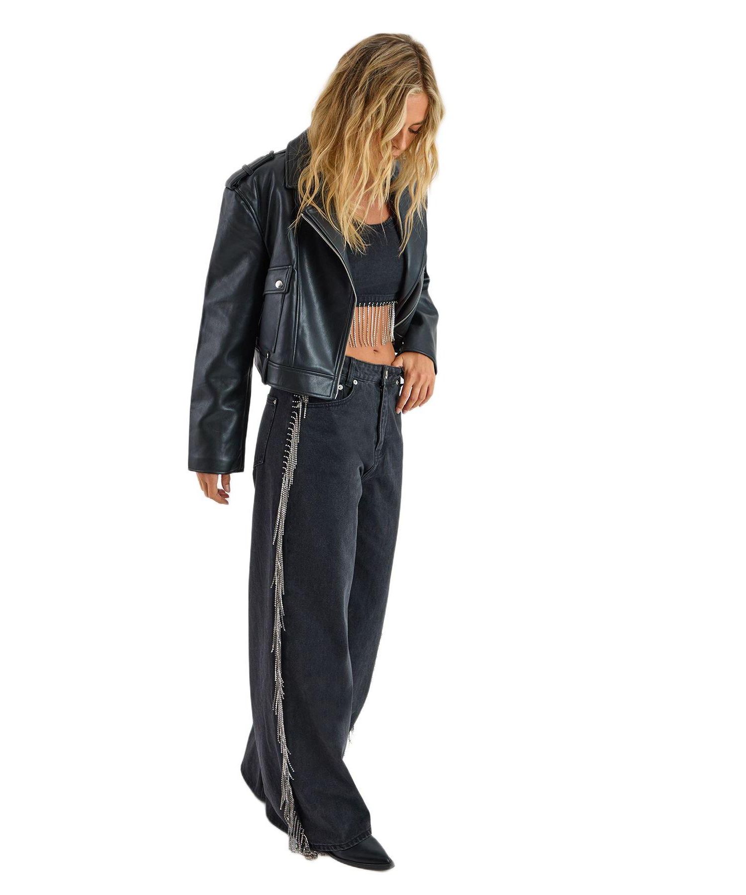 Women's Denim Diamonte Tassel Straight Leg Jeans