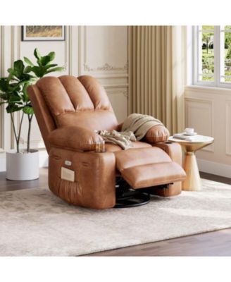 PU Leather Swivel Rocker Electric Recliner, Oversized Single Sofa with Massage and Heat, USB Ports, Cup Holders and Side Pocket for Bedroom