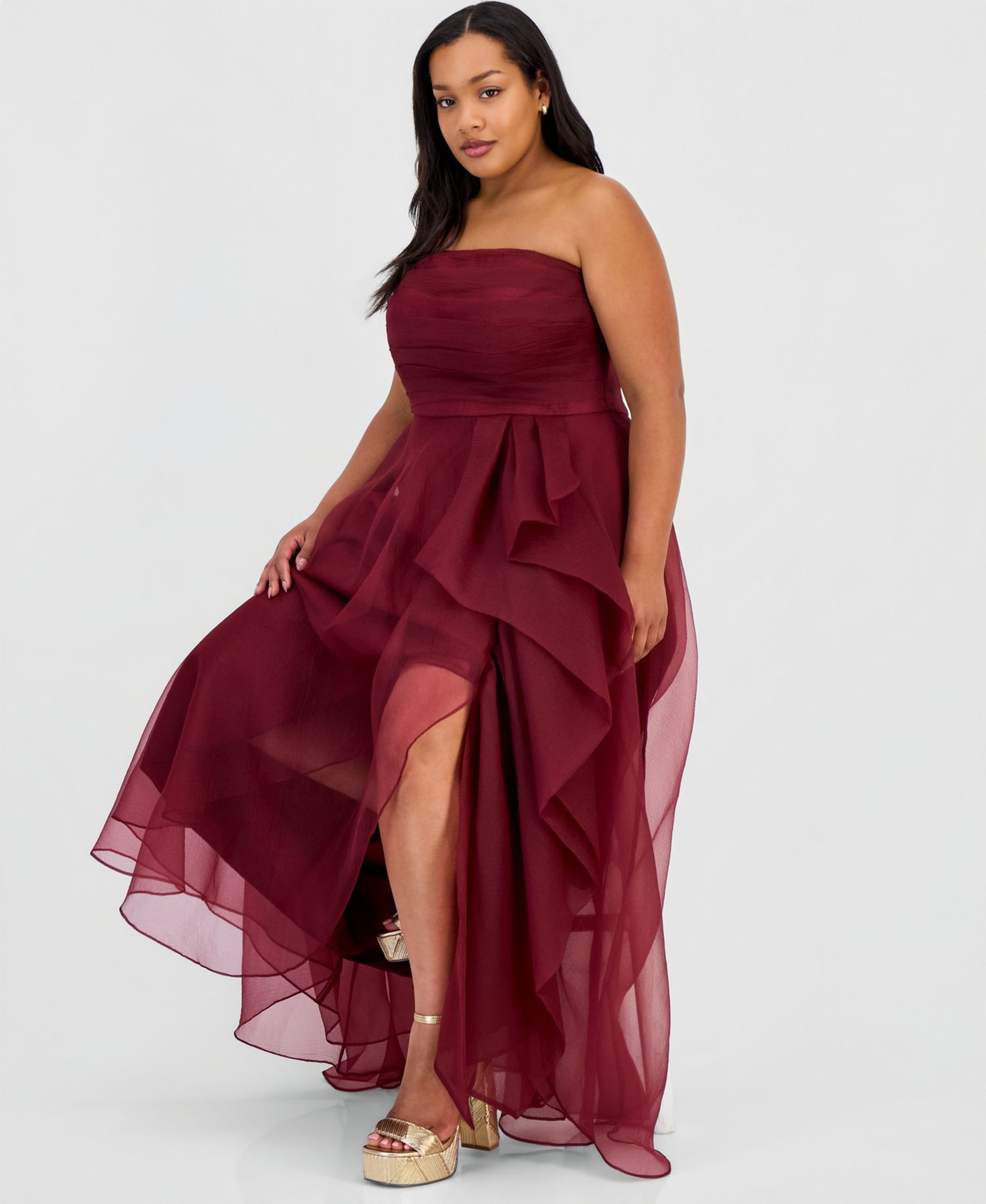 Trendy Plus Size Ruffled Strapless Gown