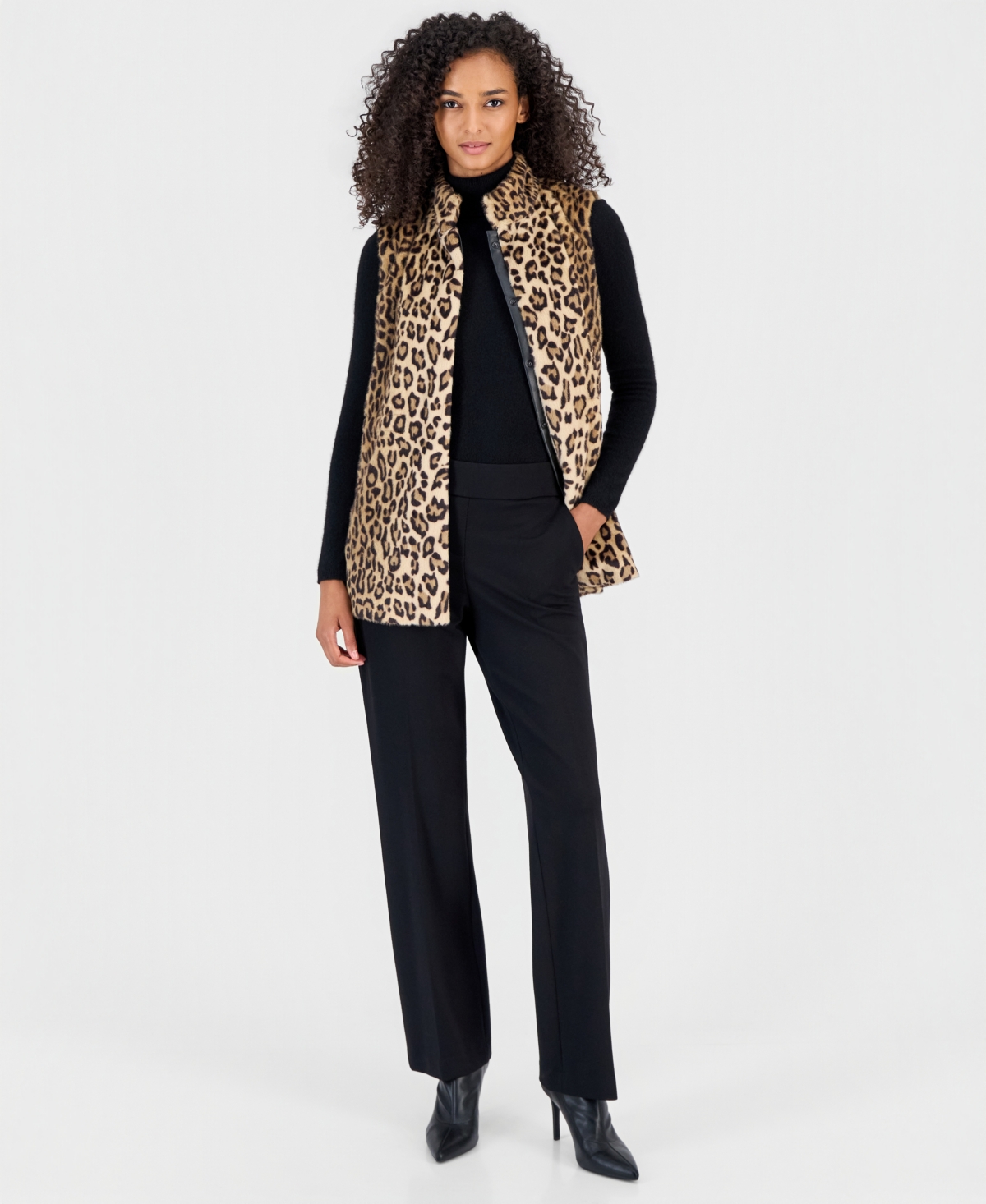 Anne Klein Women's Combo Snap Front Leopard-Print Faux Fur Vest