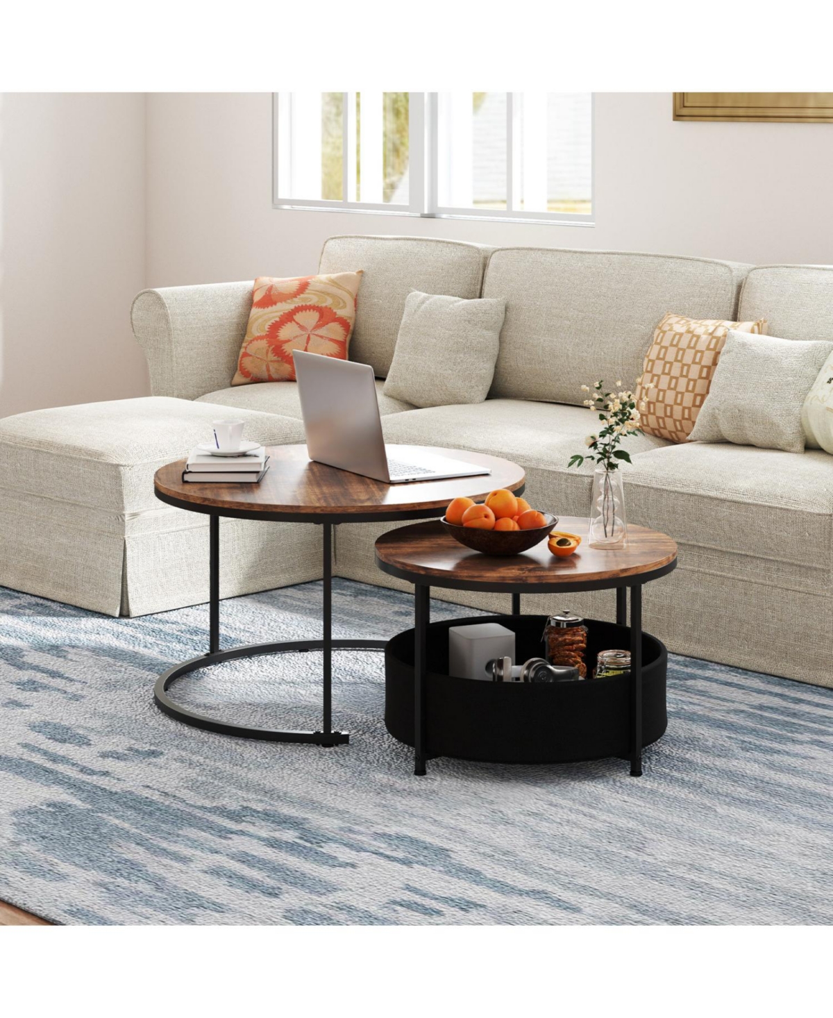 Slickblue Round Cocktail Table Set of 2 with Built-In Fabric Storage Basket