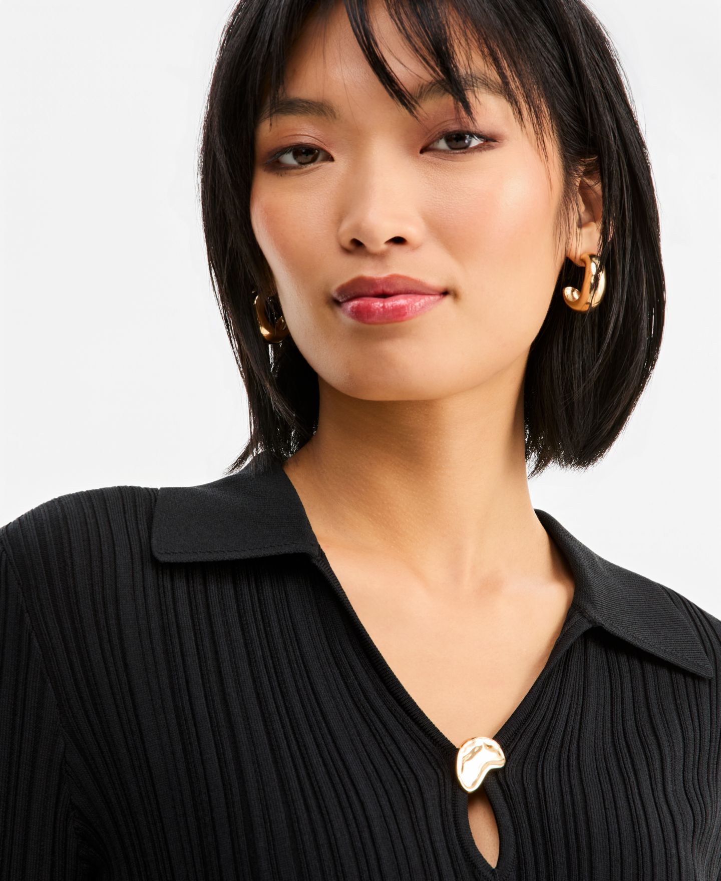 Женский свитер I.N.C. International Concepts Ribbed Hardware V-Neck, цвет: Глубокий чёрный — фото 3