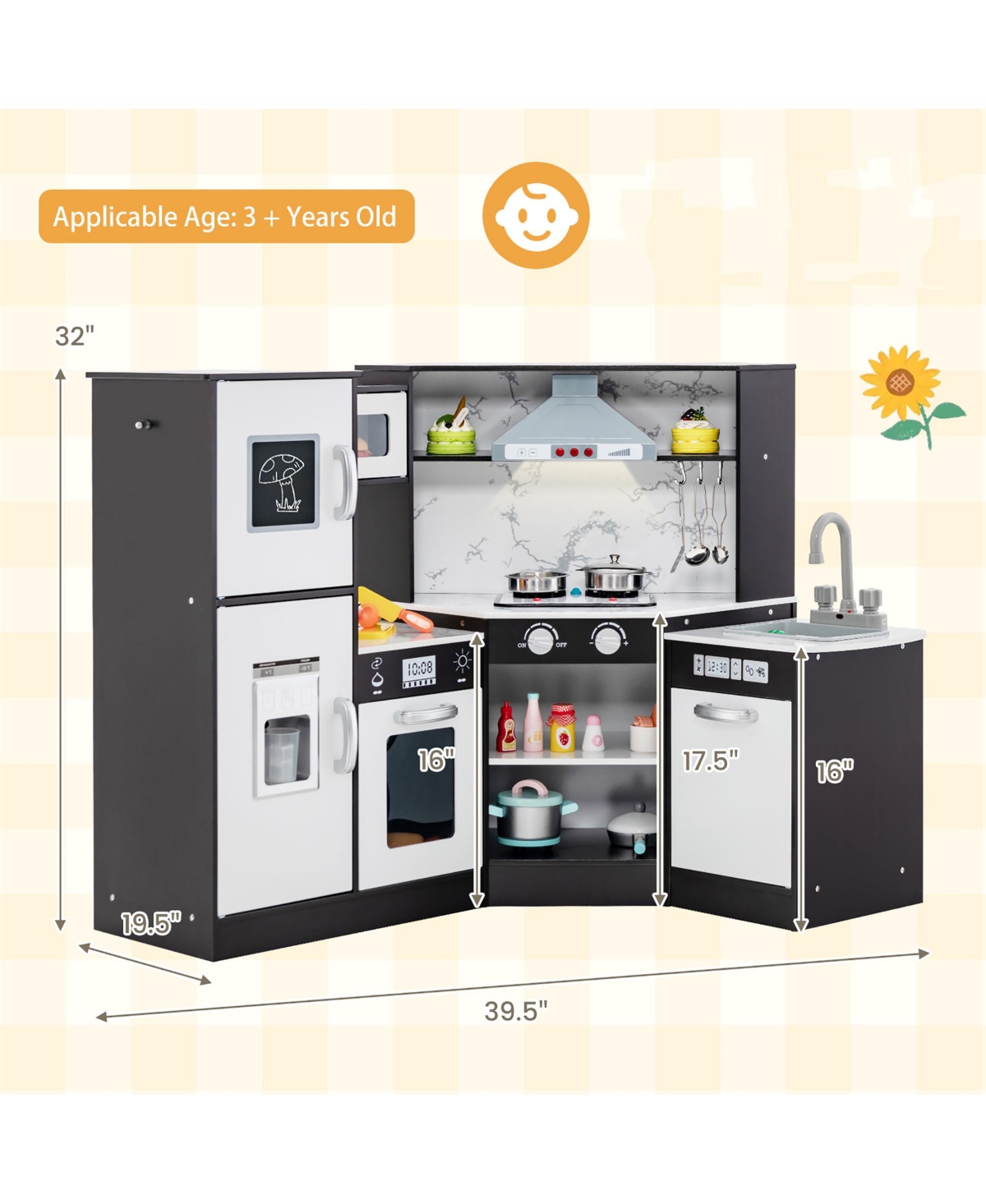 Gymax Kids Corner Kitchen Playset Wooden Pretend Play Toy with Microwave White