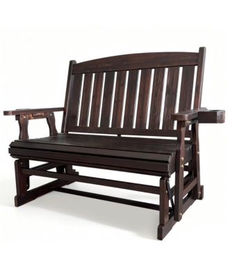 Solid Fir Wood 2-Person Outdoor Glider Bench, Heavy-Duty Wooden Patio Rocking Loveseat with Cup Holders