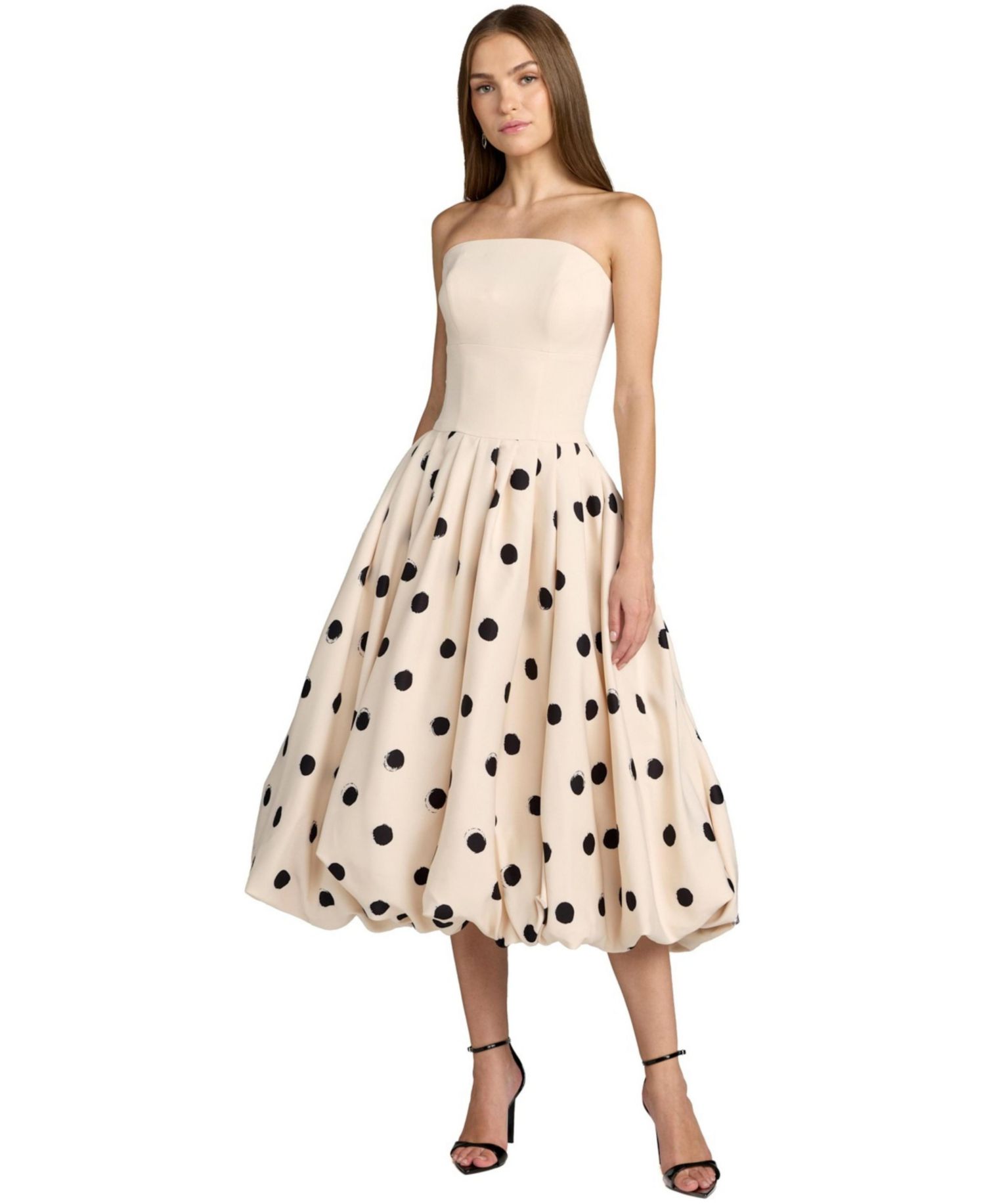 Women's Strapless Polka Dot Crepe Bubble Skirt Midi Dress