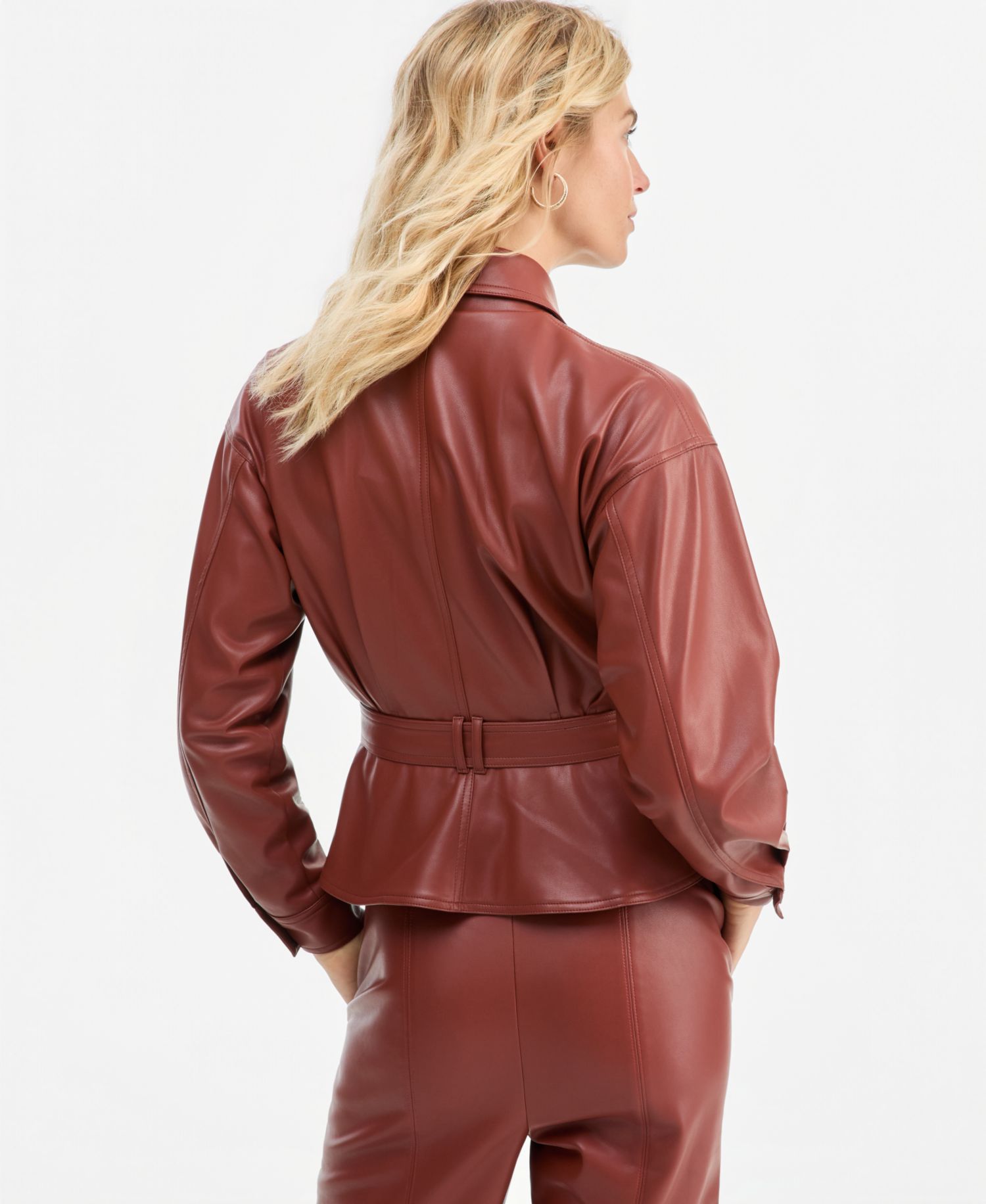 Women's Belted Faux Leather Peplum Shirt Jacket