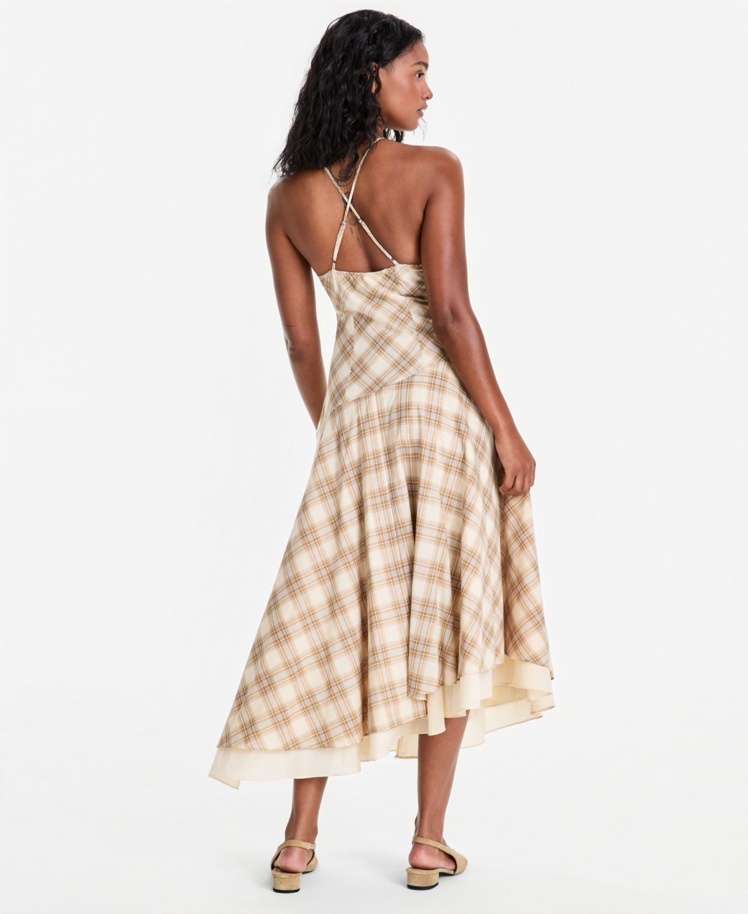 Plus size Cotton Plaid Cami-Strap Asymmetric Dress