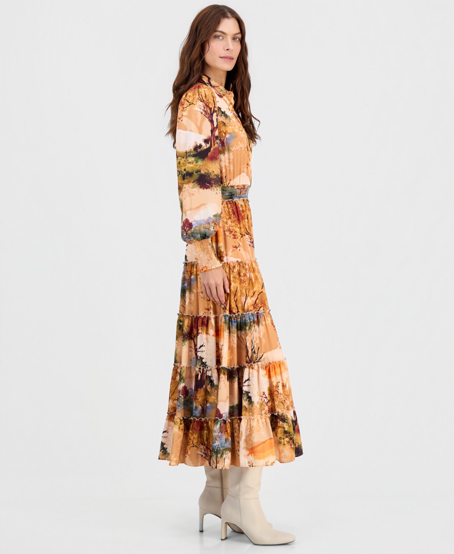 Women's Printed Smocked-Waist Ruffle-Tiered Dress