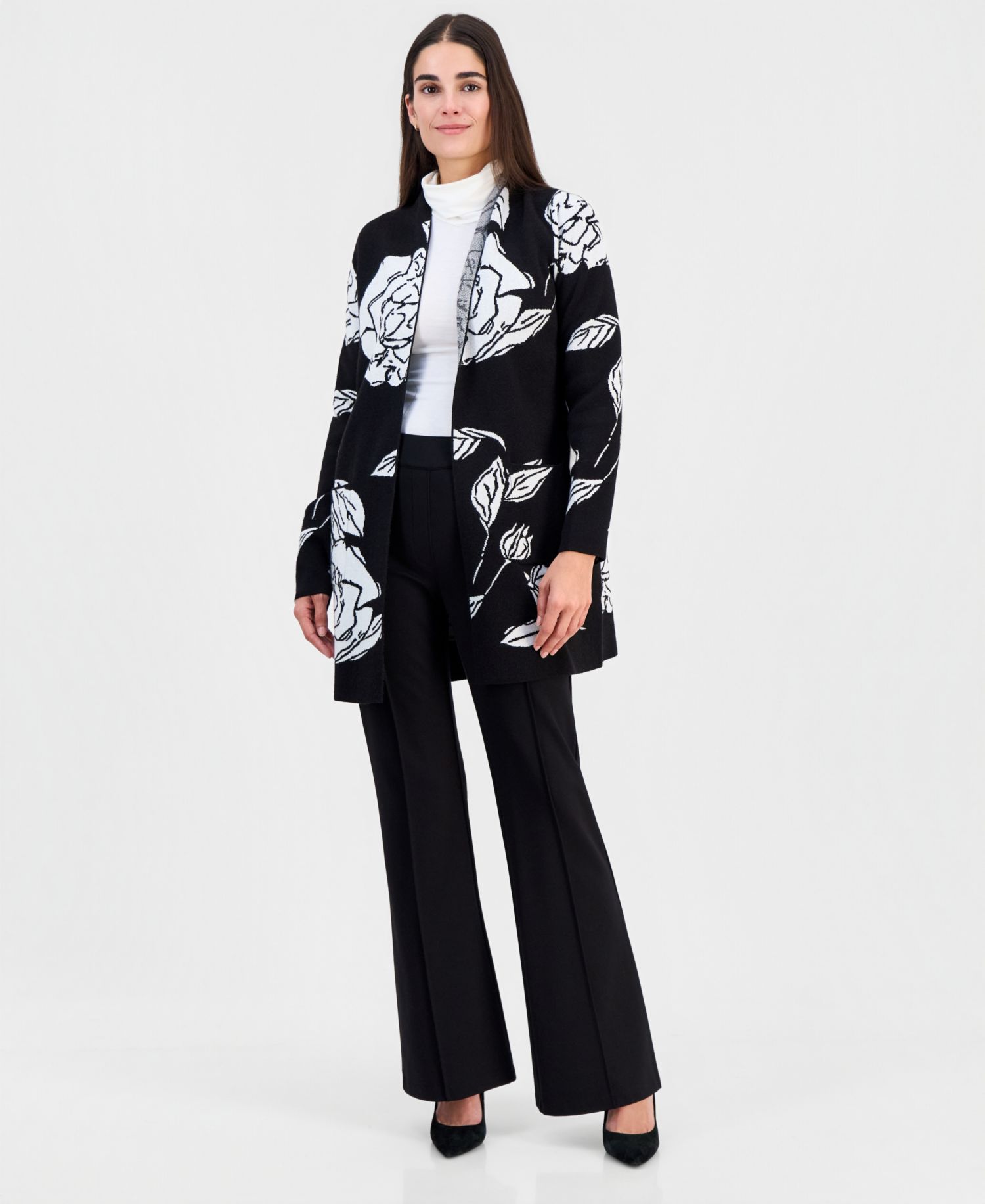 Women's Floral-Jacquard Open-Front Cardigan