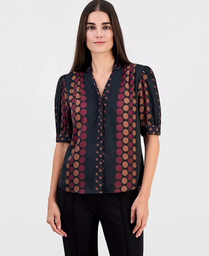 Women's Printed Split-Neck Button-Down Blouse