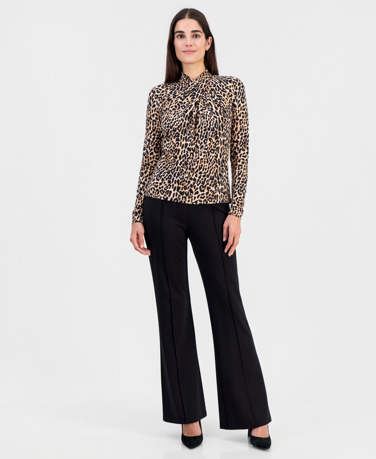 Women's Printed Draped-Neck Long-Sleeve Top