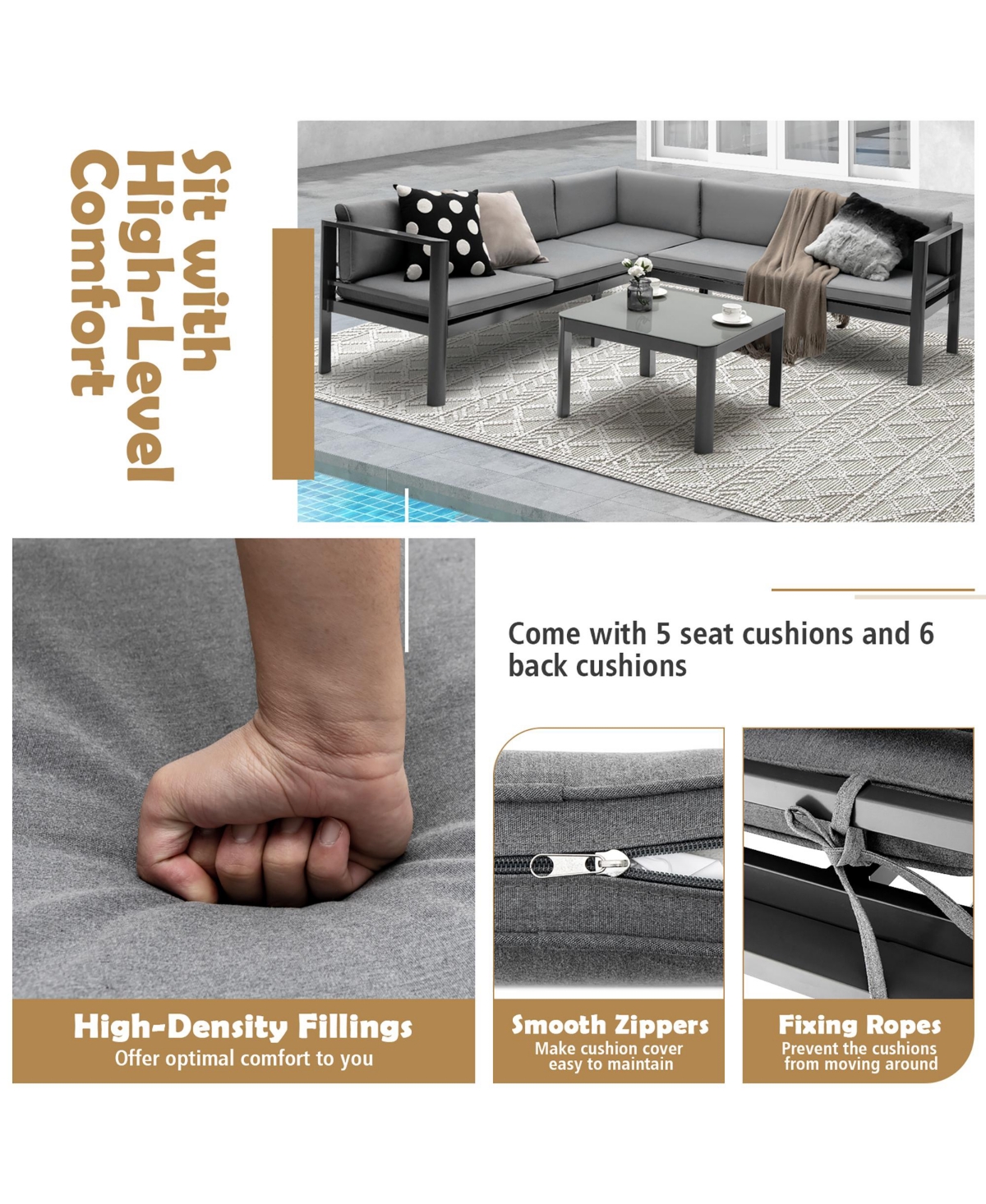 Costway 3Pieces Patio Furniture Set Aluminum Lounge Adjust Back Recliner Sofa Table Cushion