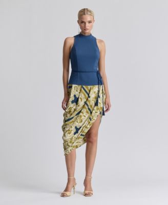 Women's Sleeveless Belted Mock-Neck Asymetric Drape Midi Dress