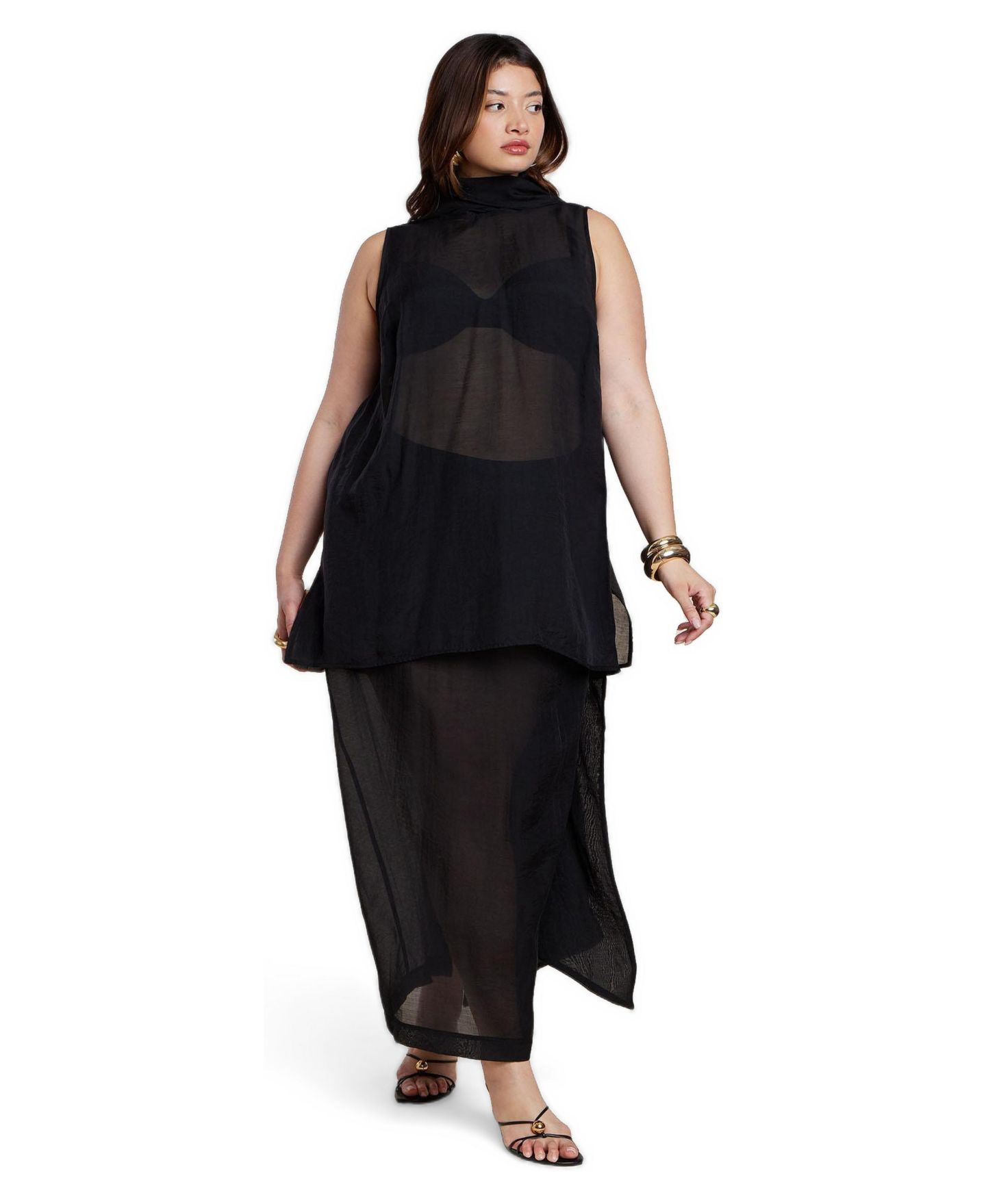 Женский топ ELOQUII Sheer Neck Tunic Top, цвет: Чёрный оникс — фото 2