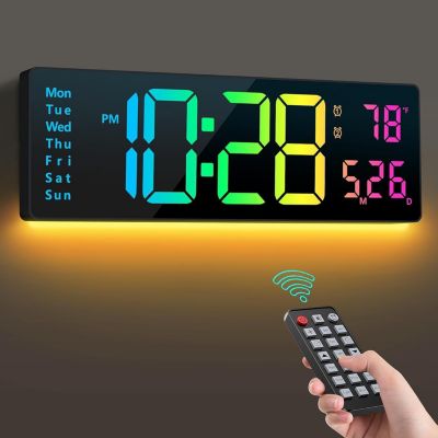 Digital Wall Clock 16", Wall Clock with 11 RGB Colors, Alarm Clock with Night Lights, Large Digital Clock for Living Room Bedroom Office