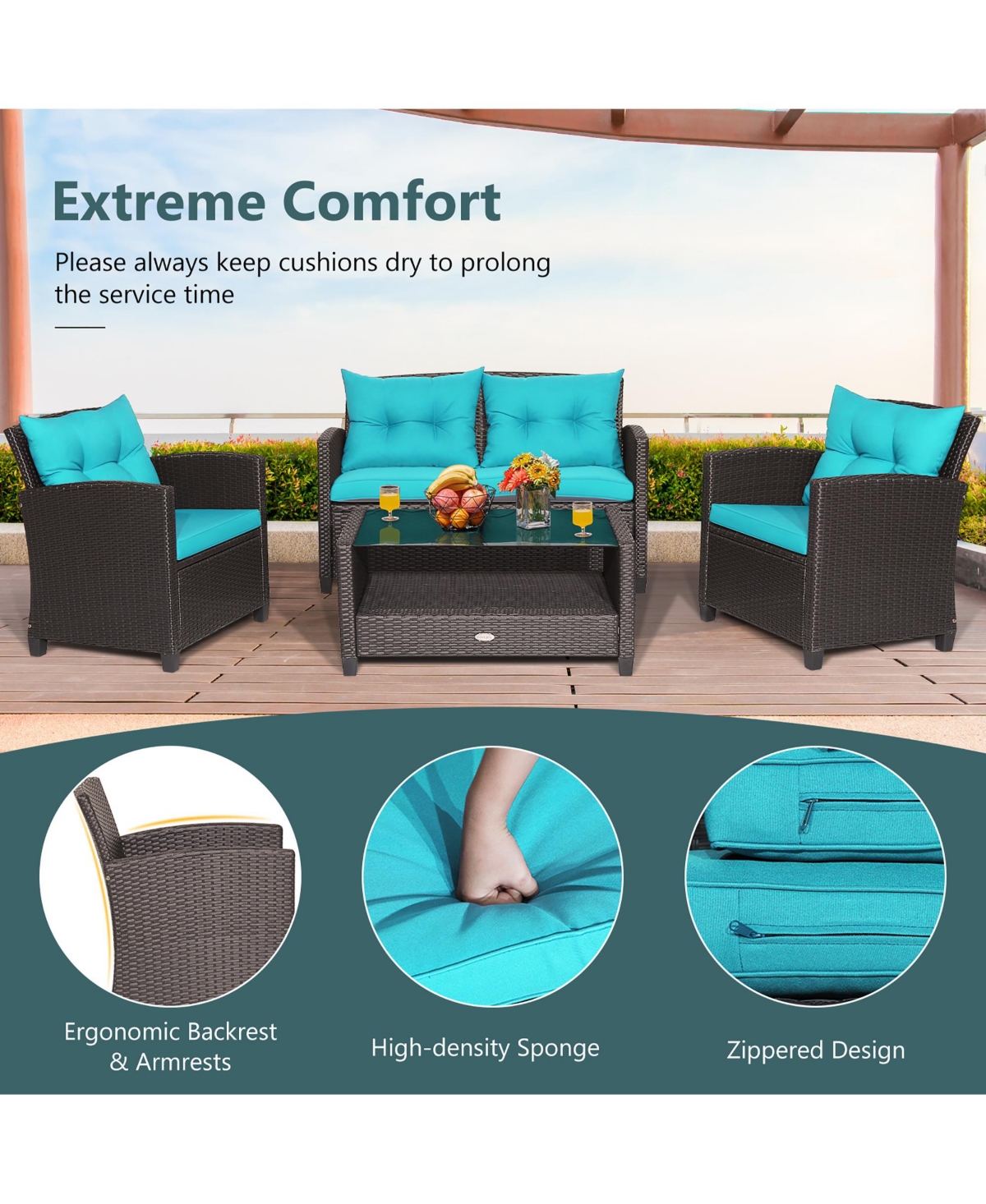 Costway 4 Pieces Patio Rattan Furniture Set Glass Table Shelf Sofa Cushion