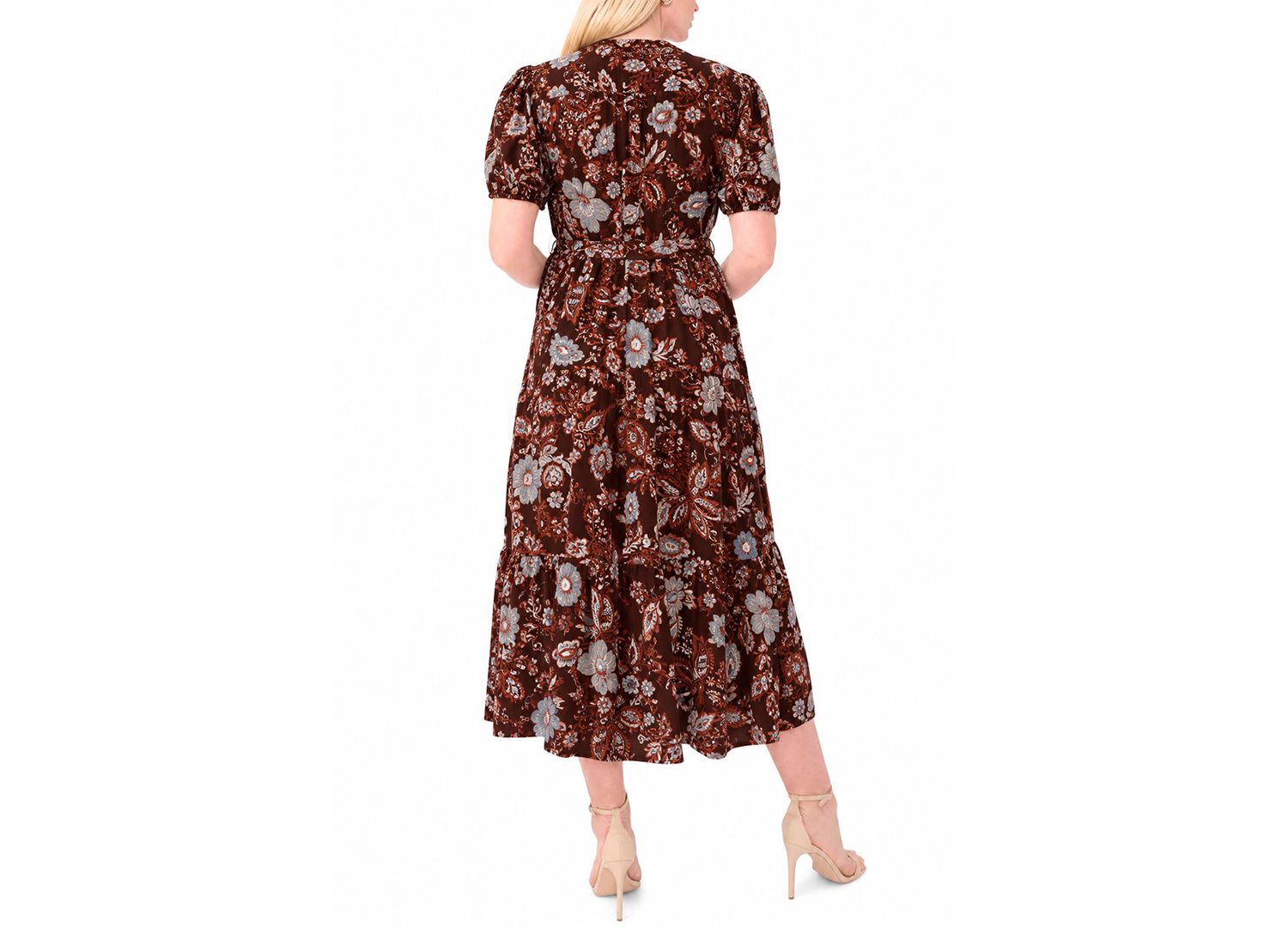 Plus Size Puff-Sleeve Belted Midi Dress