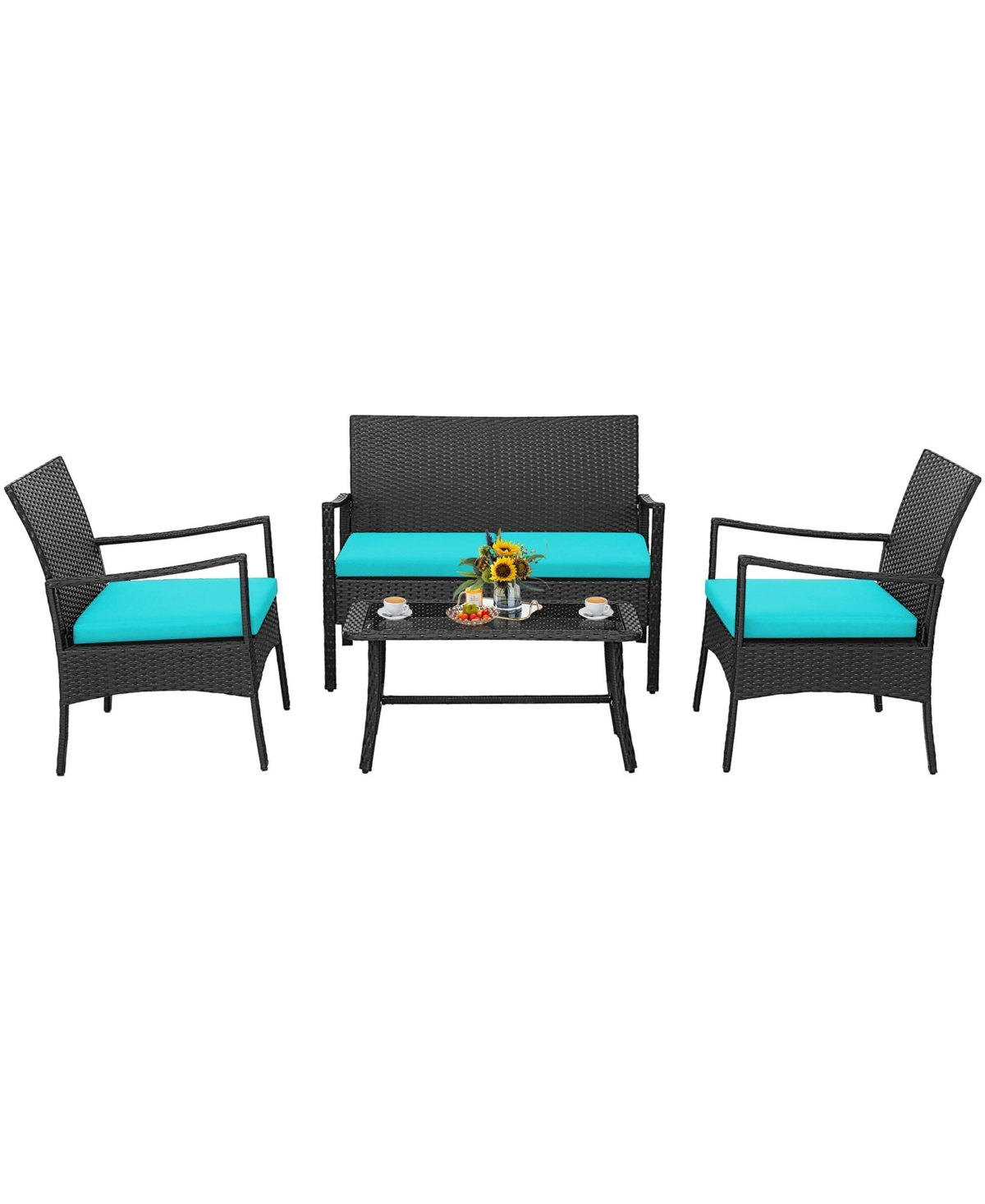 Costway 4Piece Patio Wicker Furniture Set Cushioned Chairs and Loveseat with Coffee Table Garden