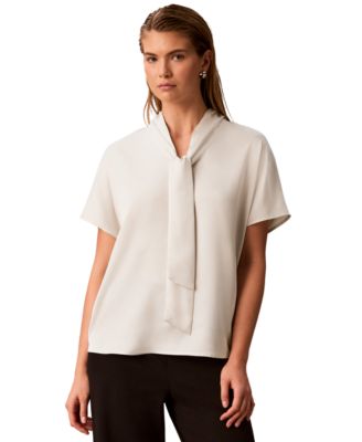 Petite Matte Satin Tie-Neck Blouse