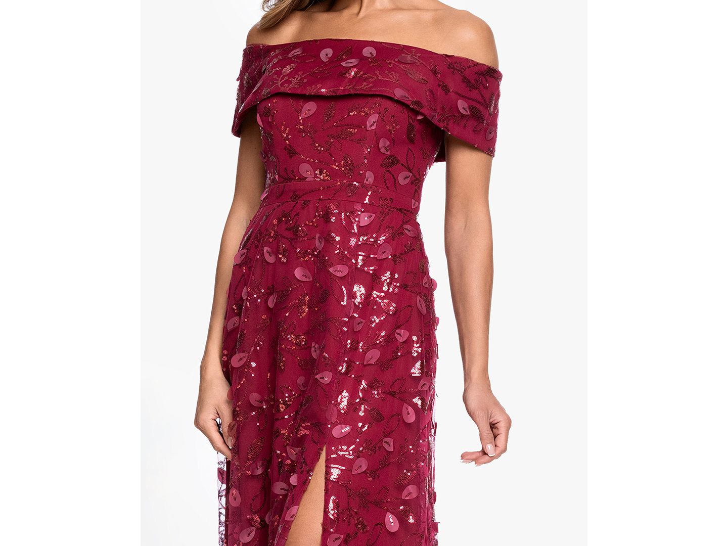 Женские платья XSCAPE Off-The-Shoulder 3D Embroidered Mesh Ball Gown, цвет: Винный — фото 3