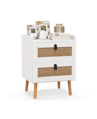 Modern Nightstand with 2 Rattan Decorated Drawers for Bedroom Storage