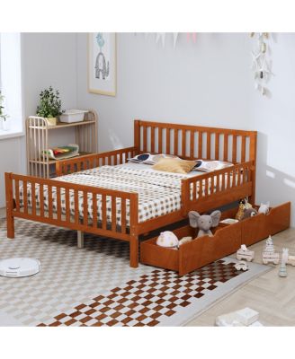 Simple Wood Platform Bed with Guardrails on Both Sides and Two Storage Drawers
