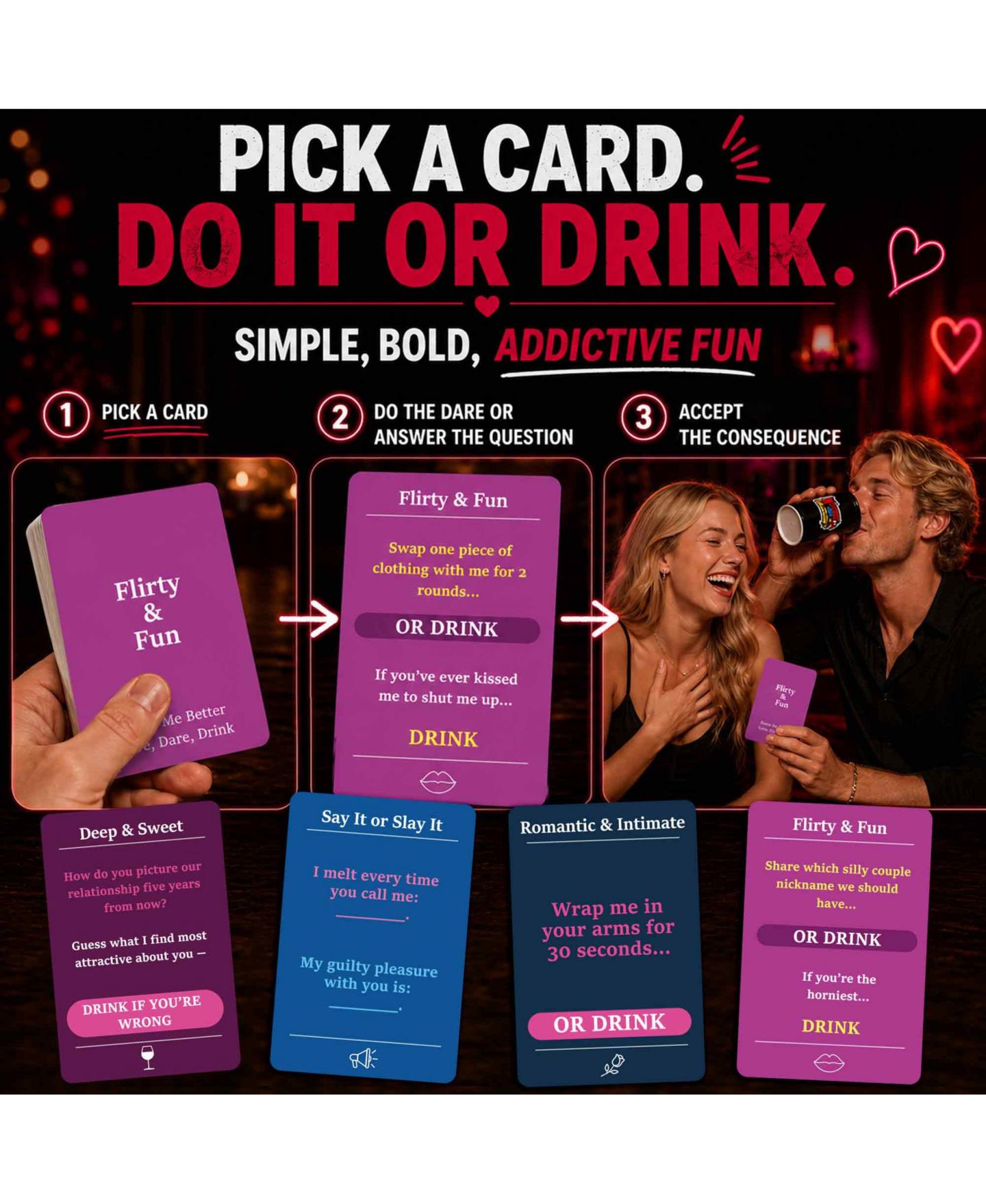 Детская карточная игра Quokka Couples Card Game Collection - Date Night Conversation Starters, Dares and Playful Challenges for Two, цвет: Love Drink — фото 3
