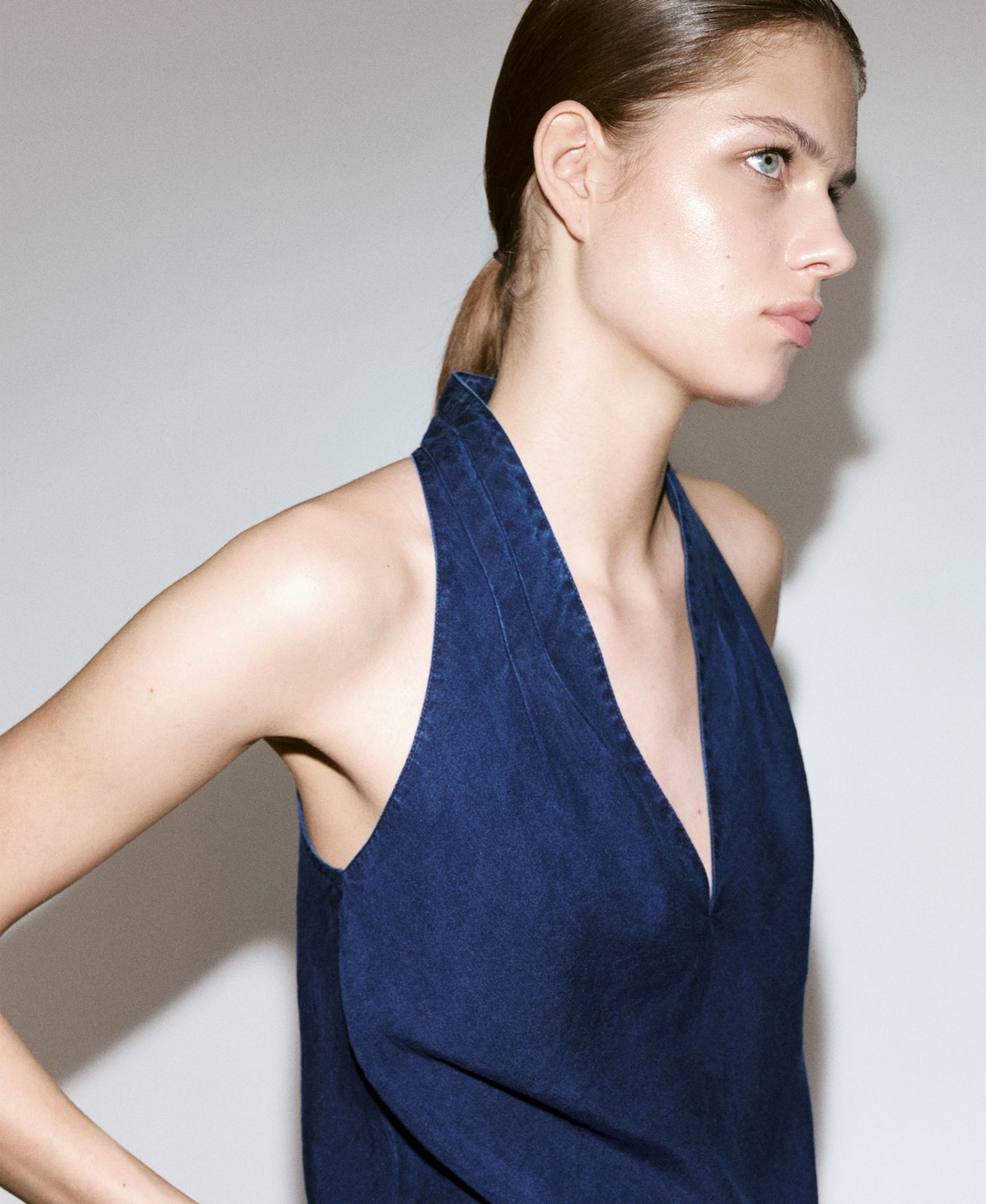 Women's Asymmetrical Denim Halter Neck Top