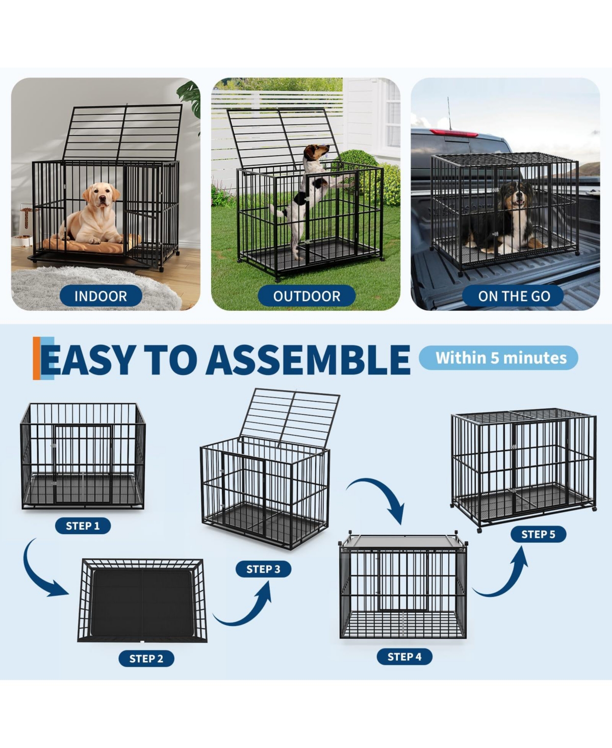 homfan Heavy Duty Dog Crate for Large Breeds, Steel Kennel with Locking Wheels
