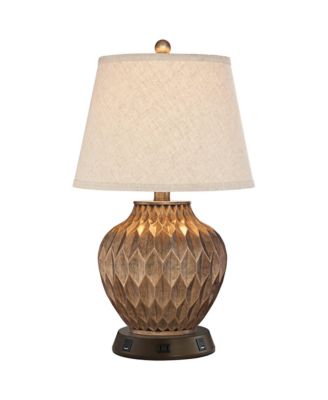 Accent Table Lamp with USB and AC Power Outlet Workstation Charging Base High Warm Bronze Drum Shade Living Room Desk