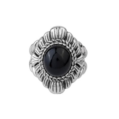 Sterling Silver Black Agate Oval-Cut Rope Scallop Design Ring