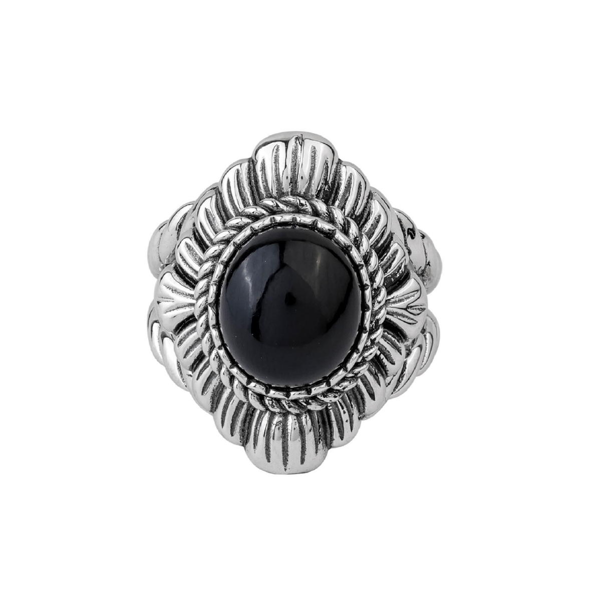 American West Jewelry Sterling Silver Black Agate Oval-Cut Rope Scallop Design Ring