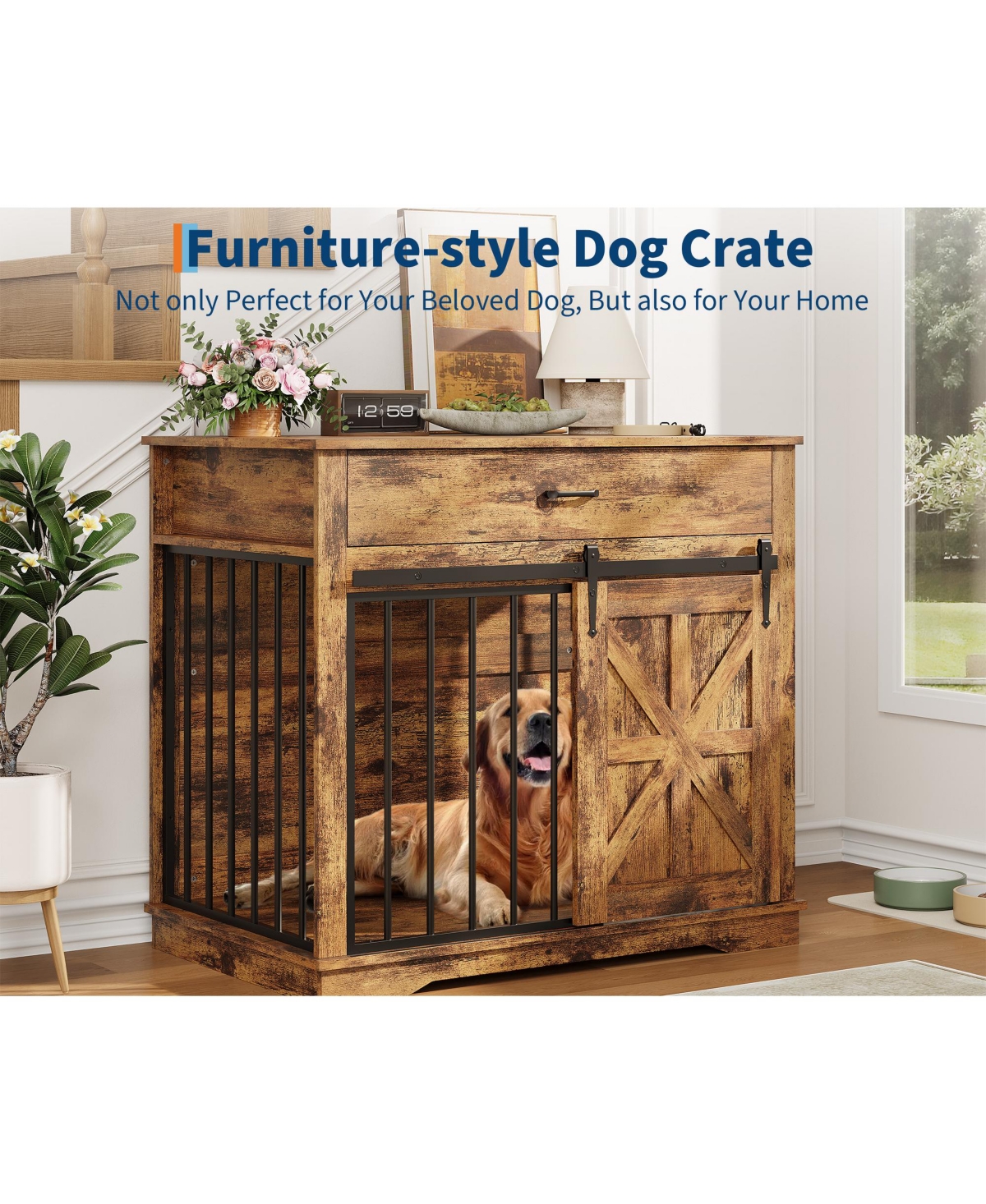 homfan Dog Crate Furniture, 38 Inch Brown Iron and Wood End Table with Sliding Barn Door and Storage Drawer for Small or Medium Dogs