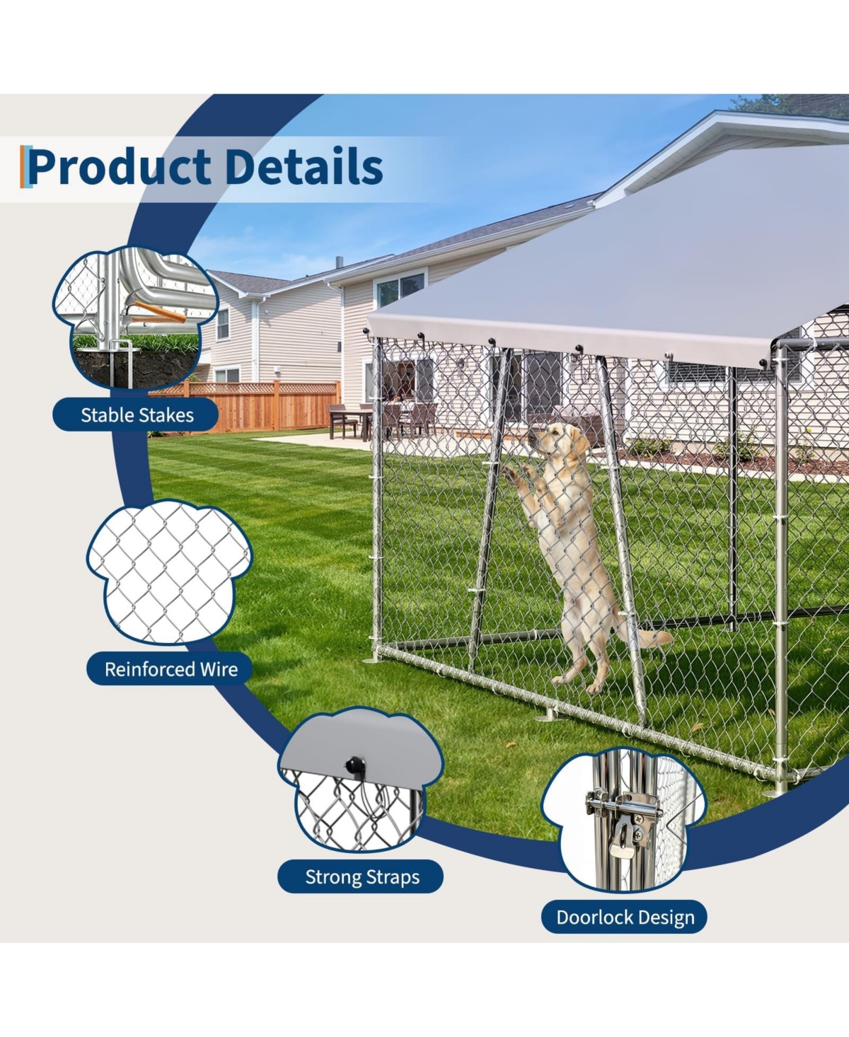 homfan Spacious Heavy Duty Dog Kennel, Secure Metal Pet Crate with Lockable Door, Weather Protection Roof, for Large Dogs