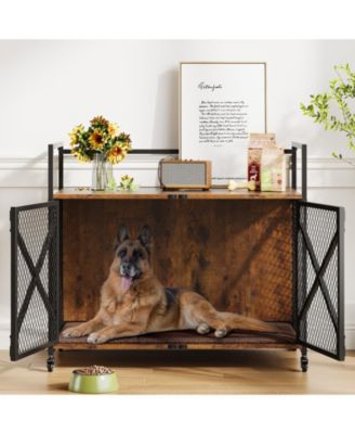 Dog Crate Furniture Vintage Farmhouse Dog Kennel Table with 360degree(s) Swivel Wheels and Double Doors for Large Medium Small Dogs