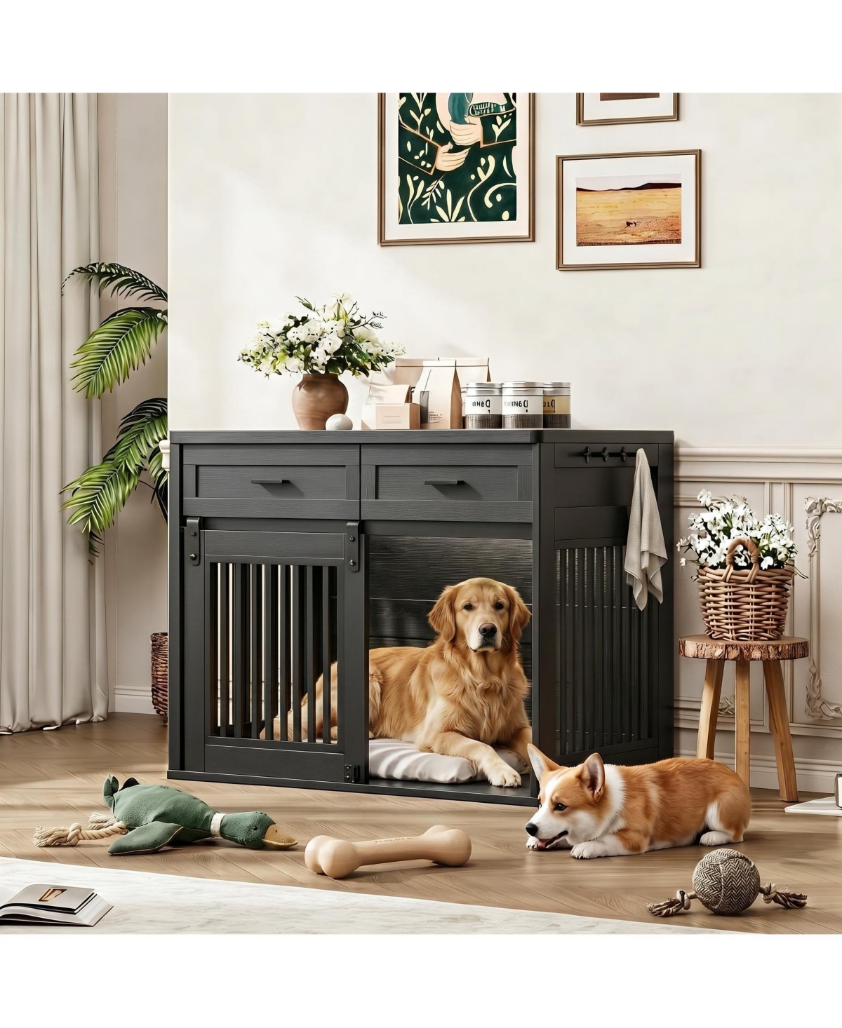 homfan Dog Crate Furniture Wooden Heavy Duty Indoor Kennel, Storage Drawers