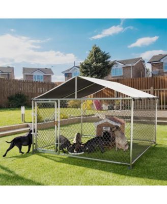 Large Outdoor Kennel with Roof, Heavy Duty Steel Fence for Yard, Farm and Camping, Secure Lock with Ground Anchor