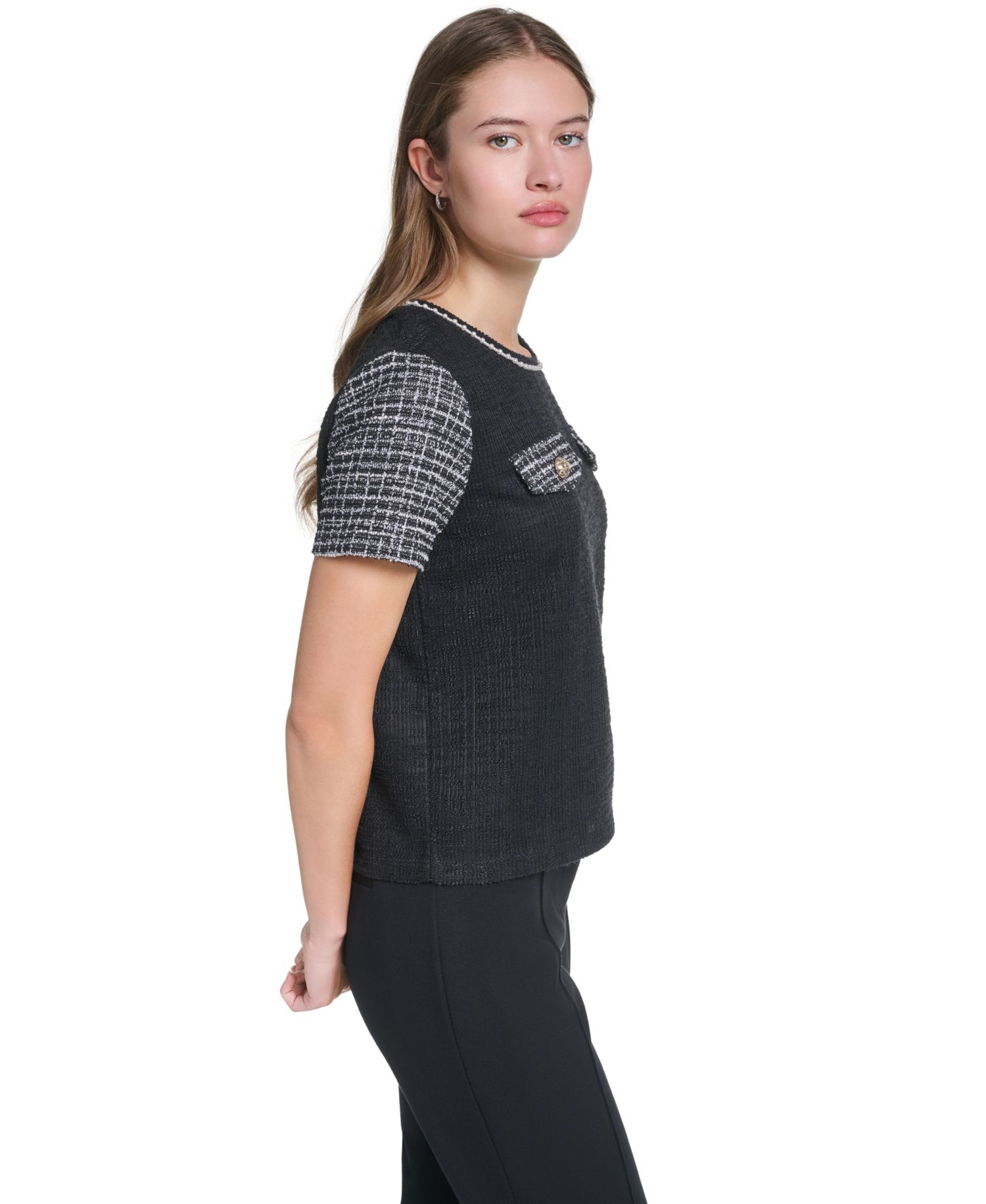 Petite Short-Sleeve Trim Crewneck Blouse