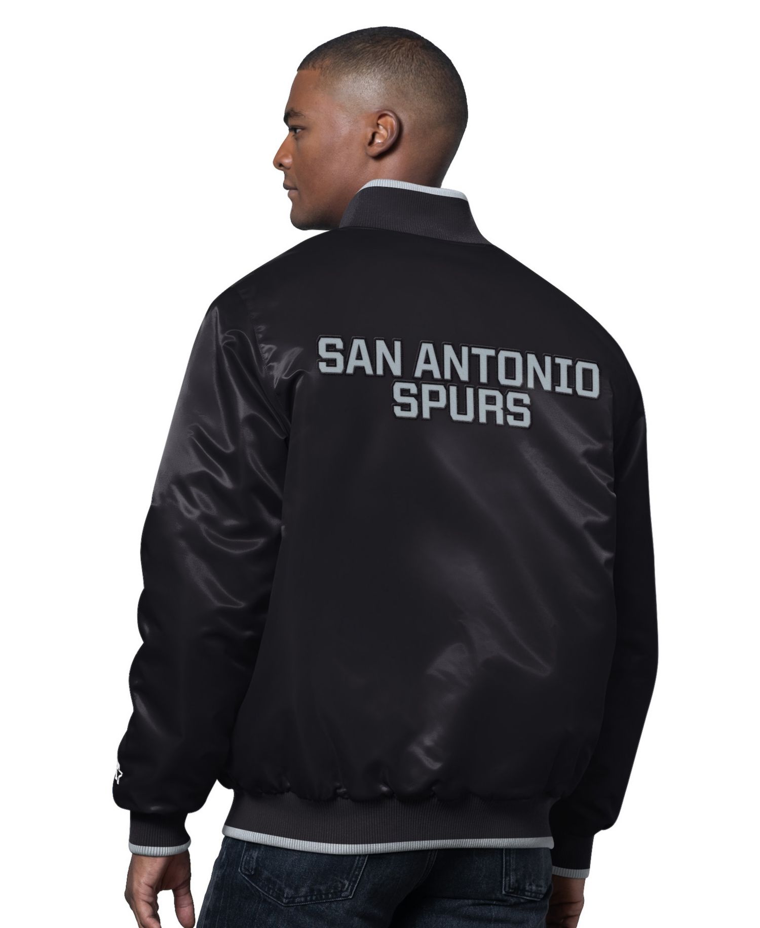 Men's Black/Silver San Antonio Spurs The Ambassador Satin Varsity Jacket