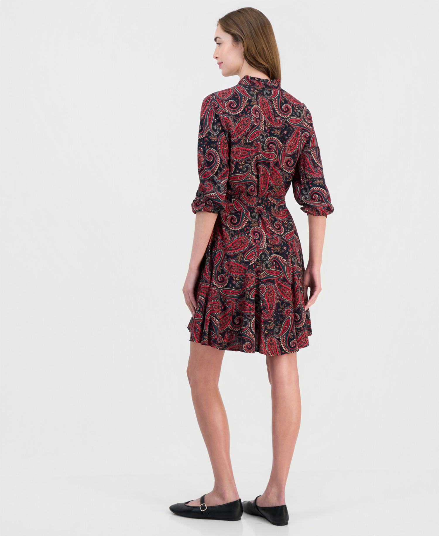 Women's Paisley Ruffle-Neck 3/4-Sleeve Shirtdress