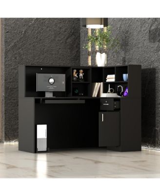  L-Shaped Corner Desk - Modern Office Desk with Keyboard Tray and Movable Shelf Space-Saving Computer Table with Smooth Rolling Slides