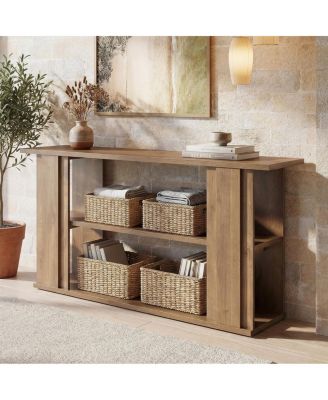 63" Farmhouse Console Table, Wooden Entryway Table With 3-tier Storage Shelves For Living Room, Hallway and Foyer
